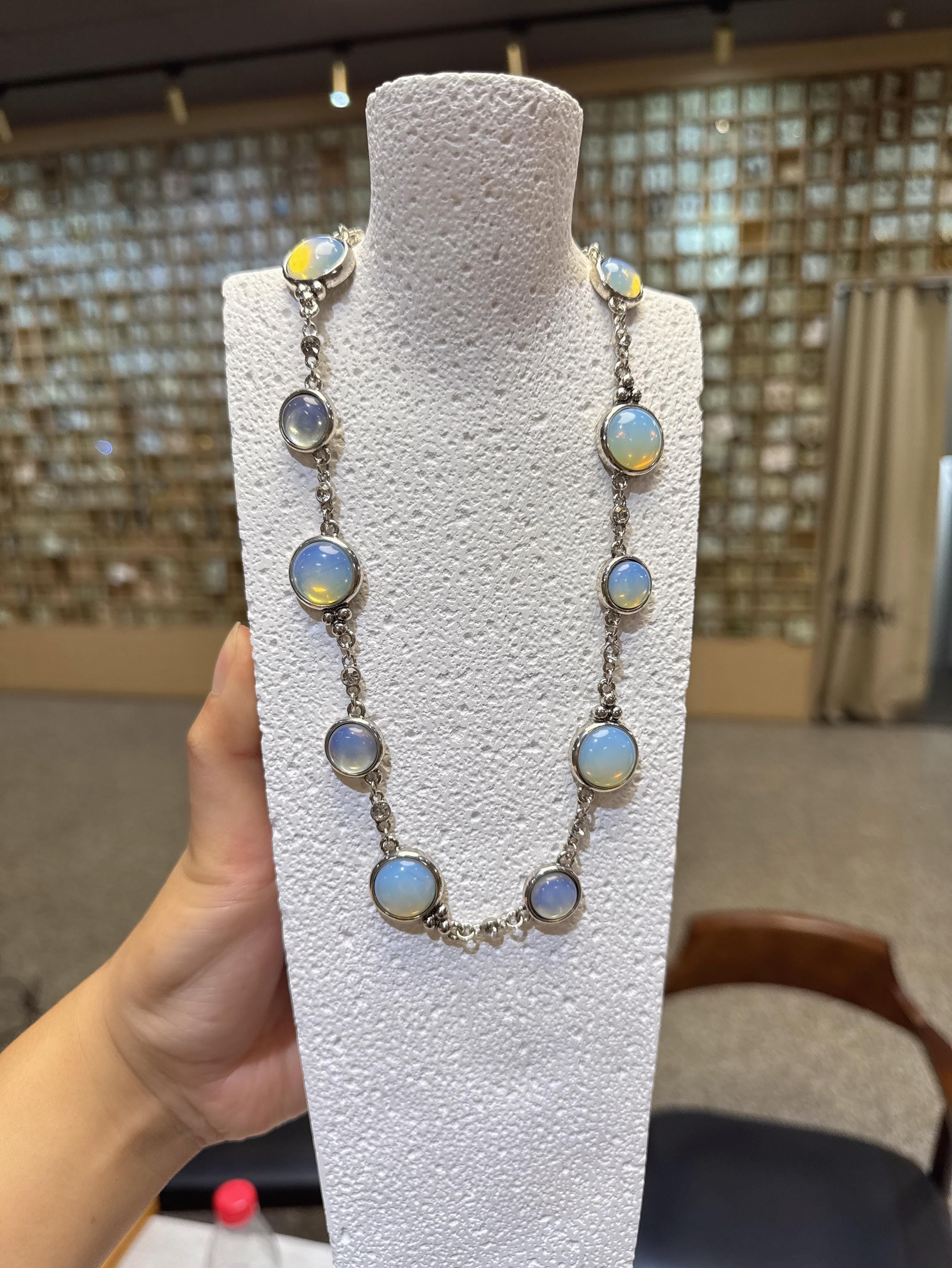 Natural Blue Opal & Swarovski Necklace and Earrings Set | Platinum Plated Hypoallergenic Jewelry | Elegant Handmade Luxury Gift