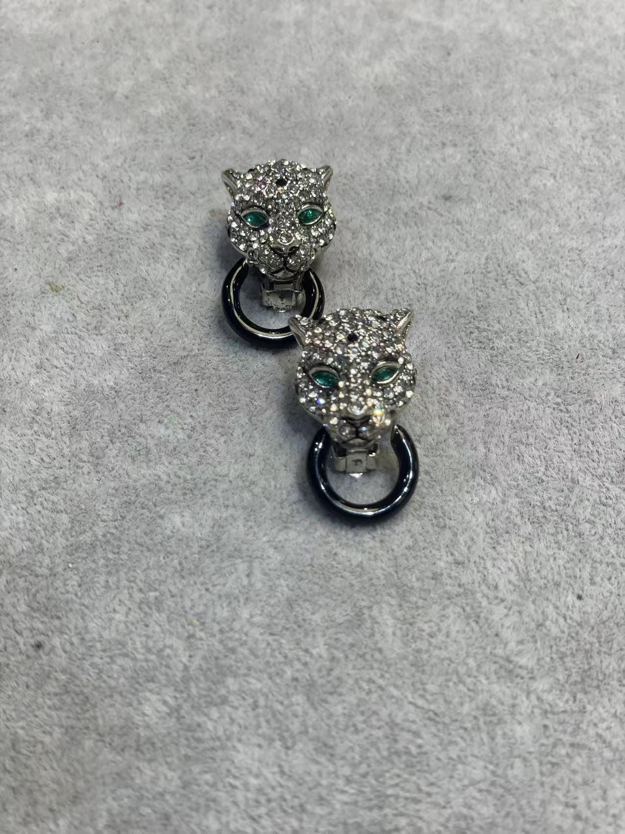 Crystal Leopard Head Clip-On Earrings | Unique Small-Batch Jewelry | Green Eyes, Black Hoop, Bold Luxury Statement for Fashion Elites
