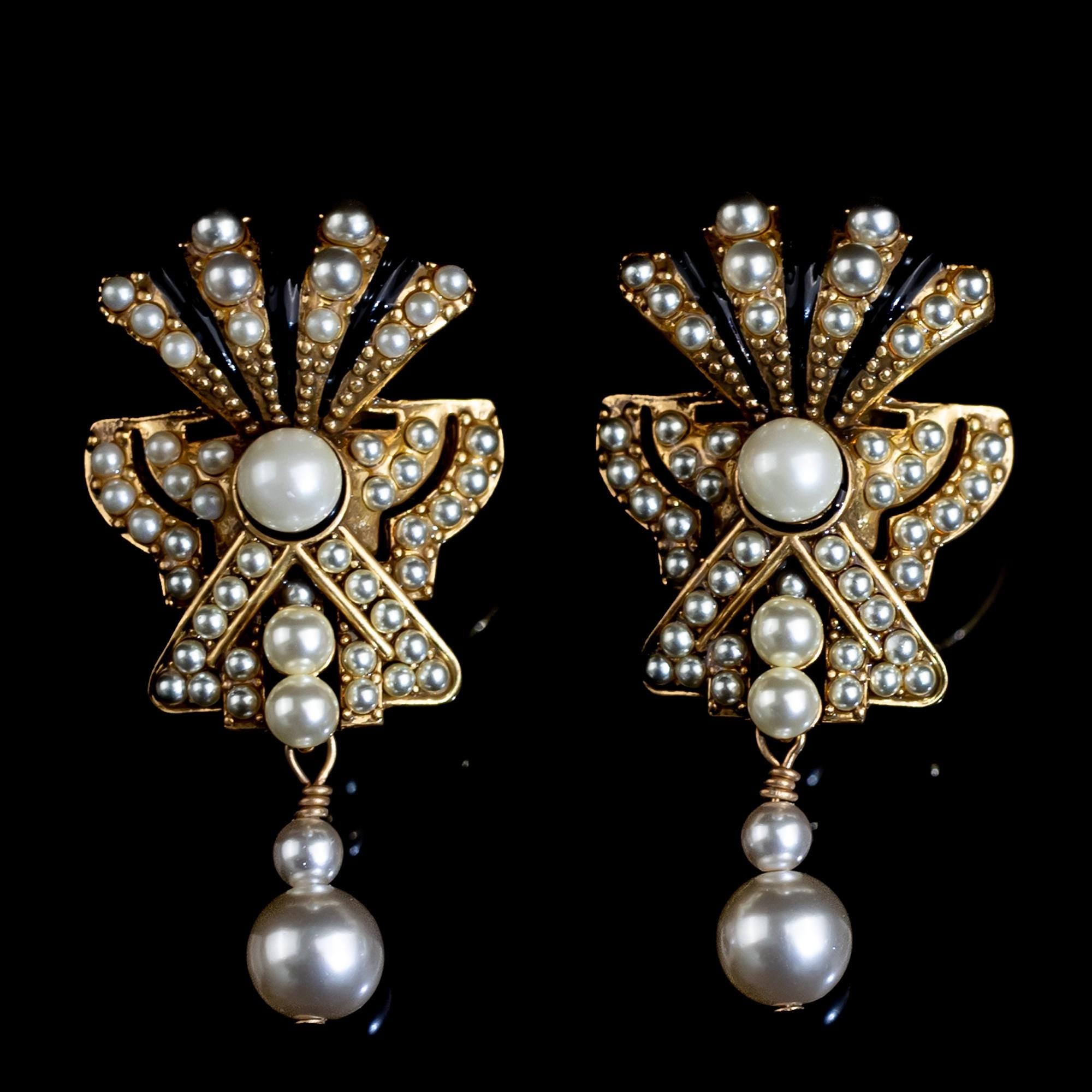 Art Deco Luxury Brooch Earrings Set, 18K Gold Plated, Swarovski Crystals & Pearls, Handmade Vintage Statement Jewelry for Collectors