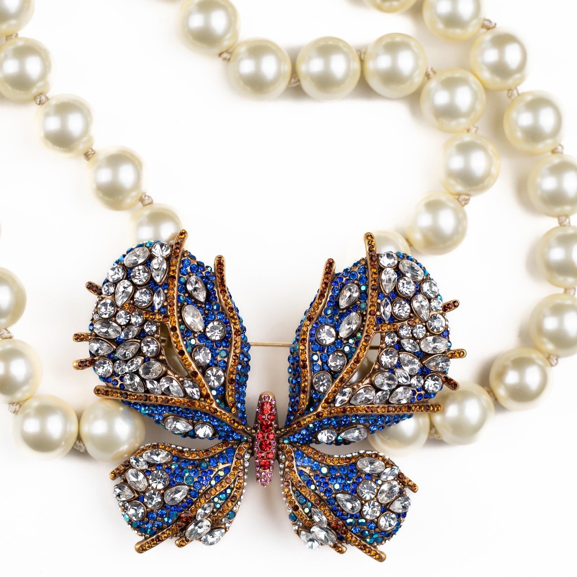 Vintage Inspired Pearl Jewelry Set, Swarovski Butterfly Necklace with Brooch and Earrings, Handmade Statement Gift