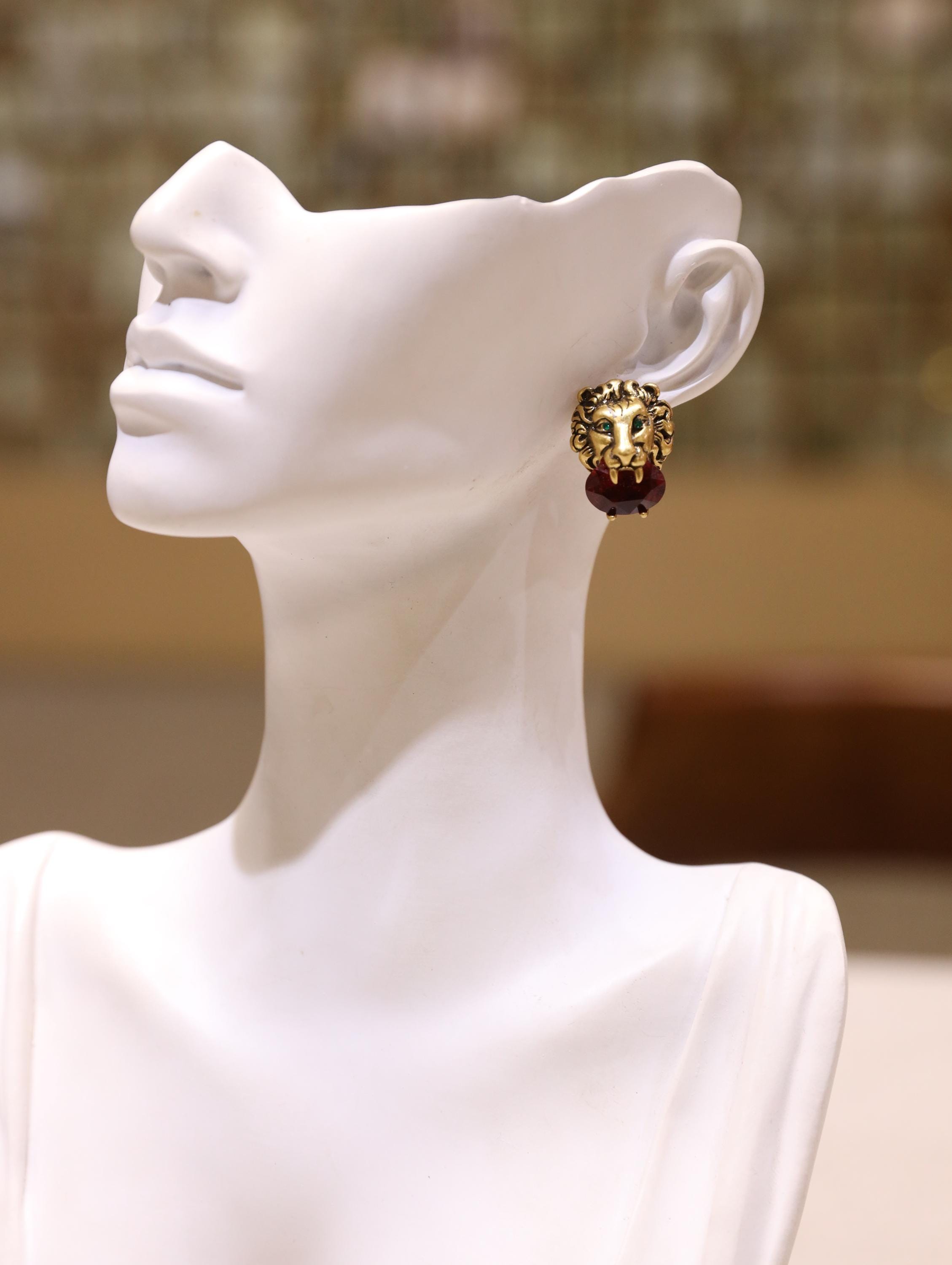 Handmade Lion Head Earrings  Bold Animal Statement Jewelry with AAA Zircon, Vintage Gold Finish, Unique Artisan Gift