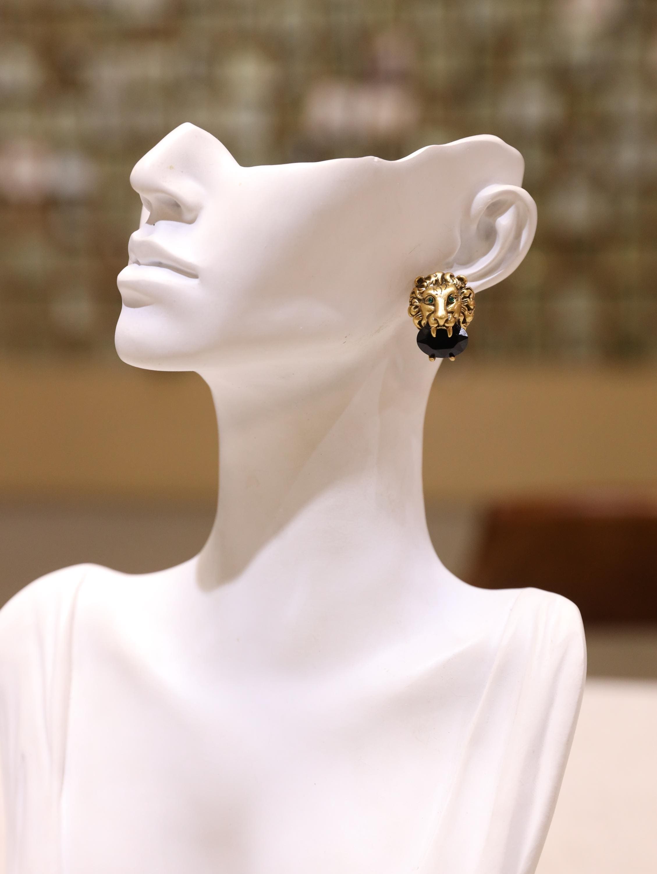 Handmade Lion Head Earrings  Bold Animal Statement Jewelry with AAA Zircon, Vintage Gold Finish, Unique Artisan Gift