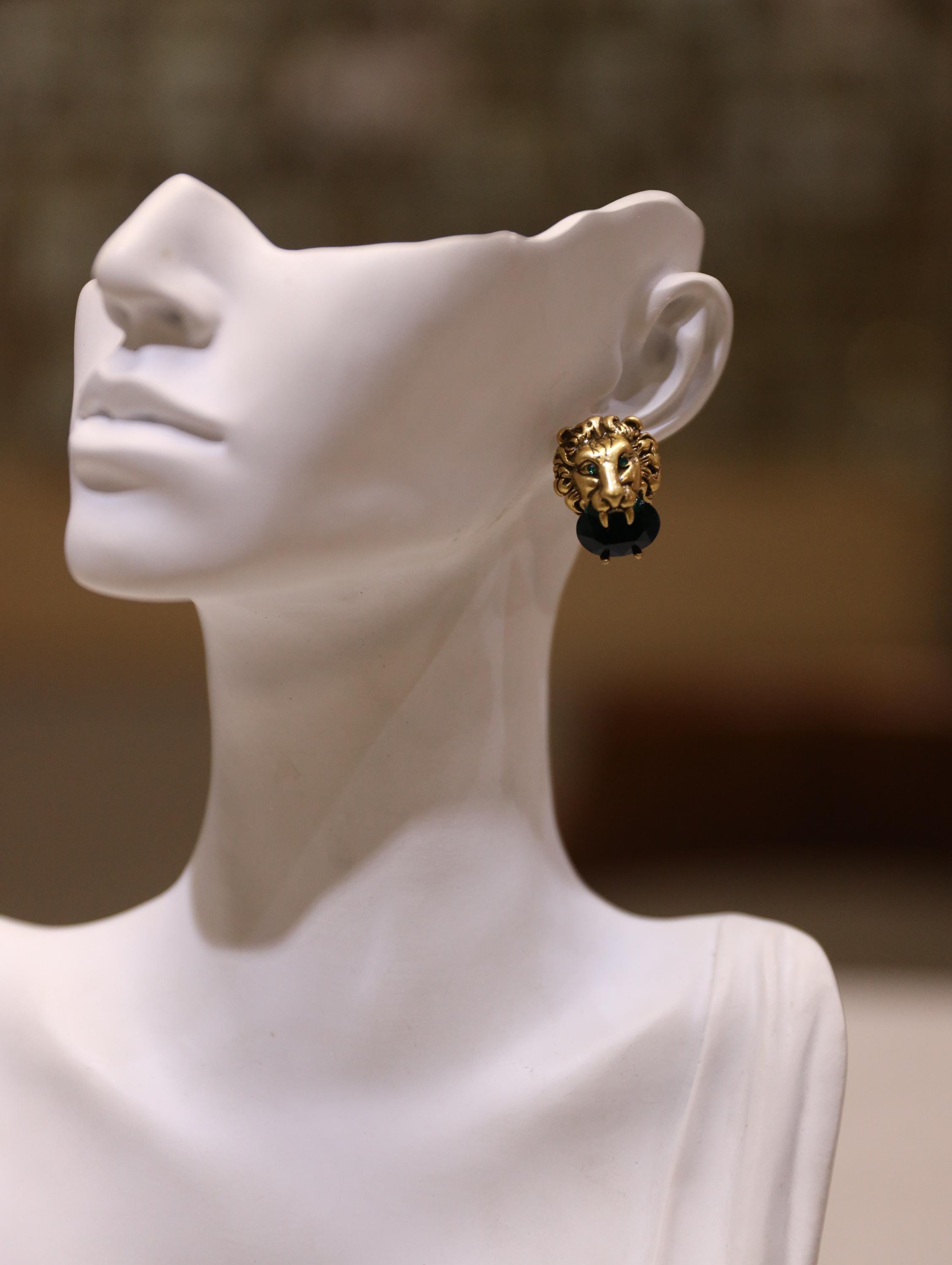 Handmade Lion Head Earrings  Bold Animal Statement Jewelry with AAA Zircon, Vintage Gold Finish, Unique Artisan Gift